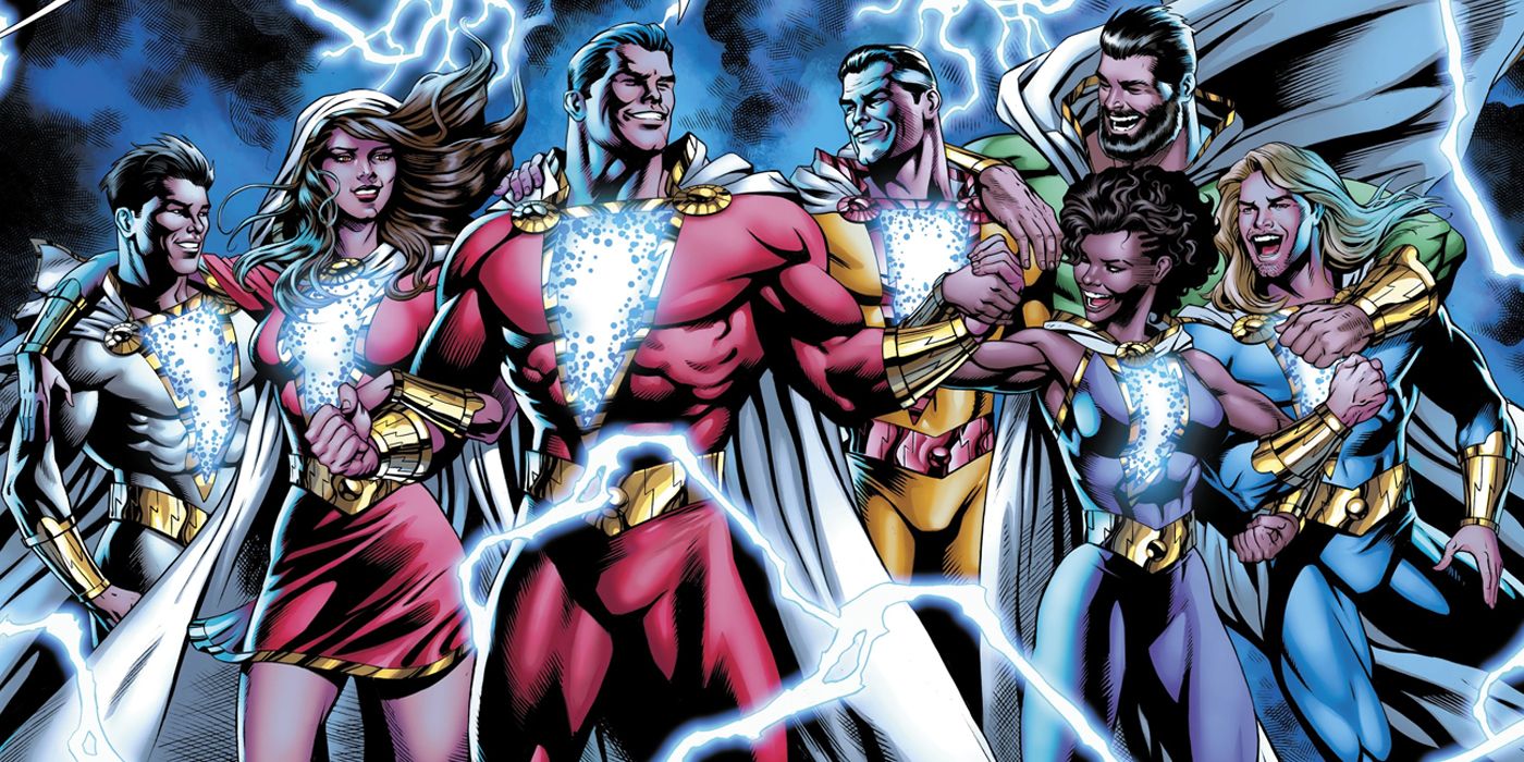 Billy Batson sharing his power with the Shazam Family from DC Comics