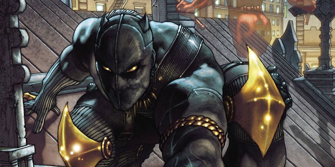 Black Panther in his Man Without Fear suit crawls forward on a rooftop in Marvel Comics