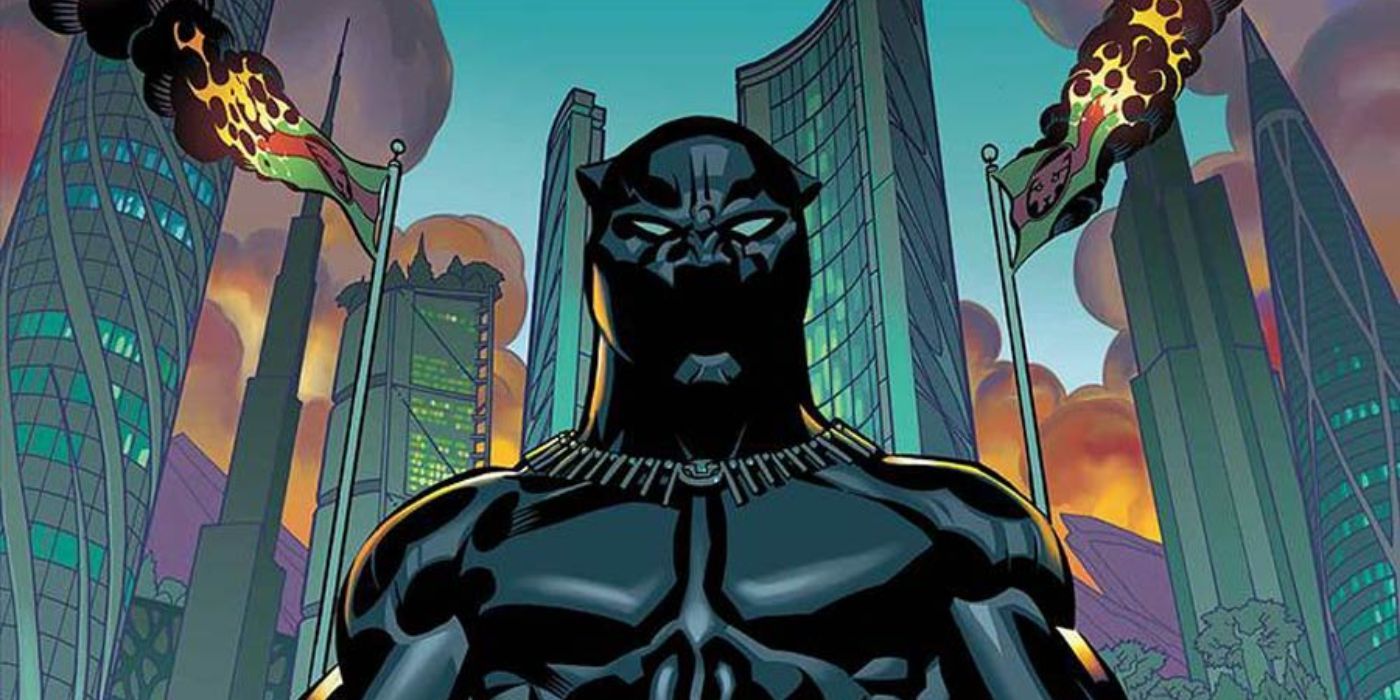 Black Panther stands in front of the Wakandan skyline, flags burning, in Marvel Comics