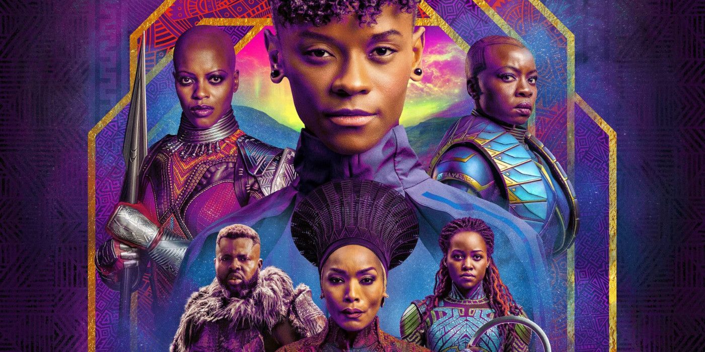 An official poster featuring the stars of Black Panther: Wakanda Forever with Shuri surrounded by fellow Wakandans.