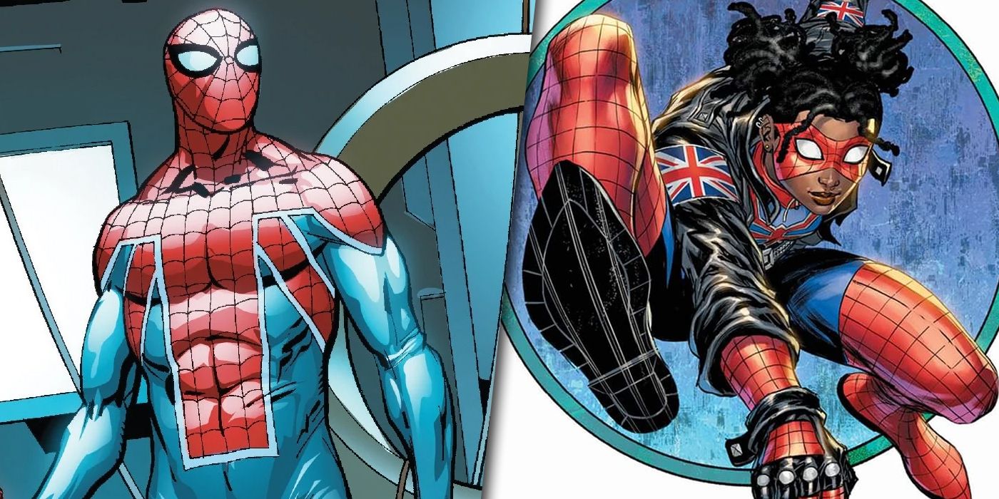 Both versions of Spider-UK from the Spider-Verse split image
