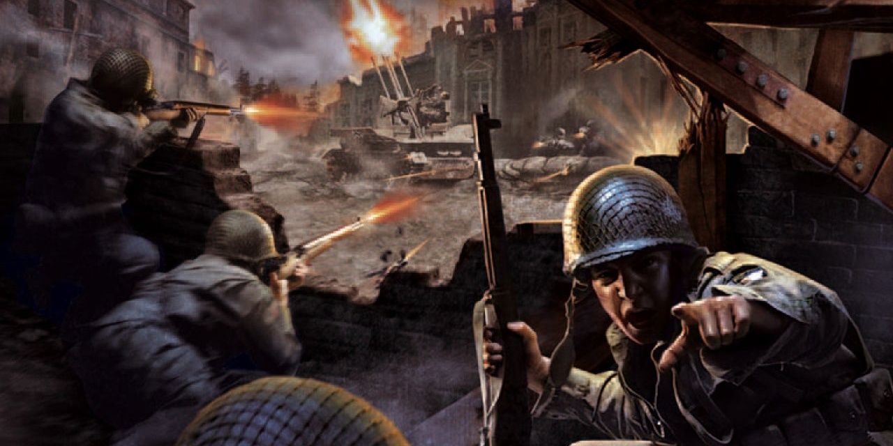 Some allied soldiers fend off the Nazis in Call Of Duty 2003.