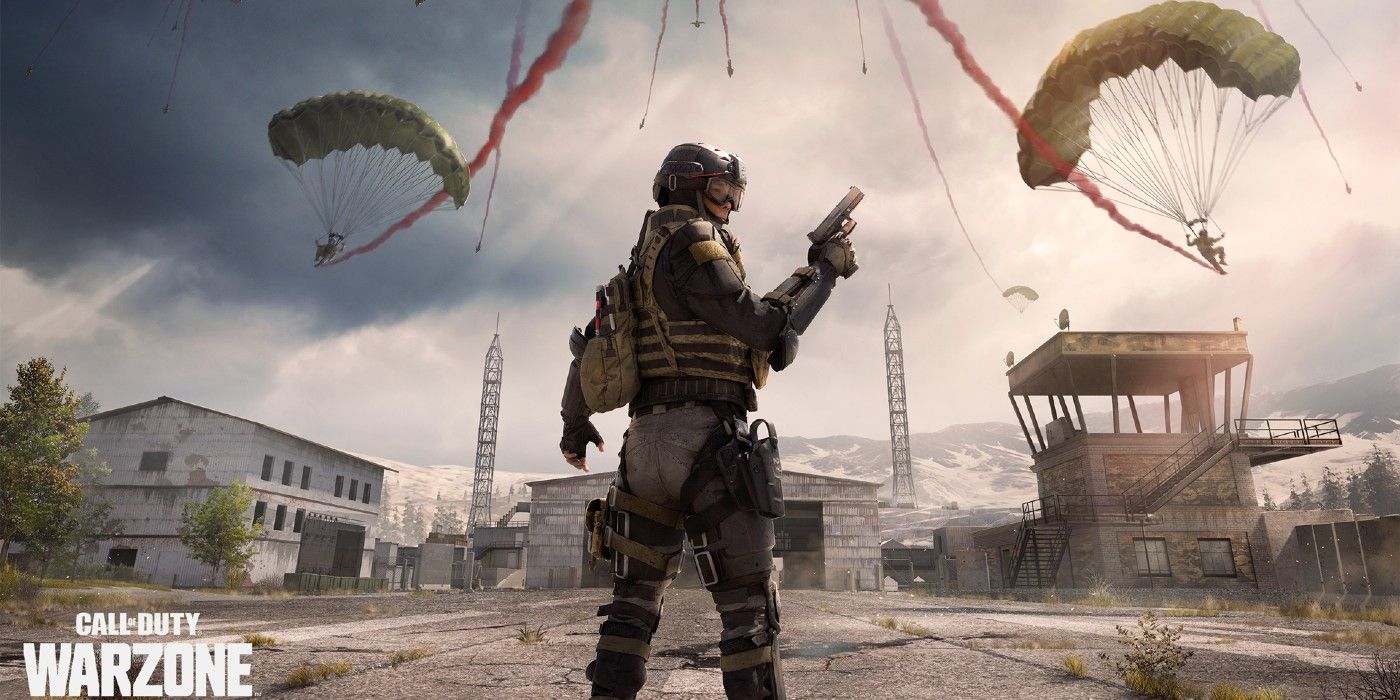 Call of Duty Warzone Cover featuring paratroopers and a man with a pistol