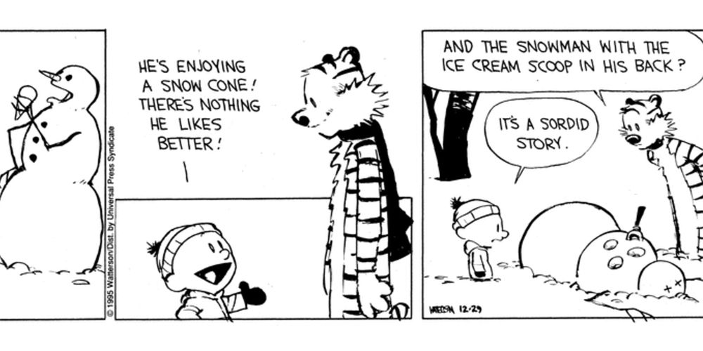 Calvin discusses snowman murder plot with Hobbes