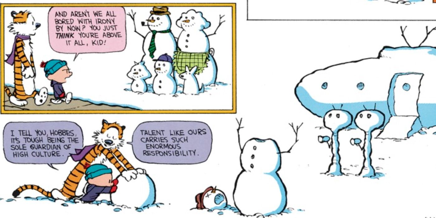 Calvin as snow art critic before building snow UFO