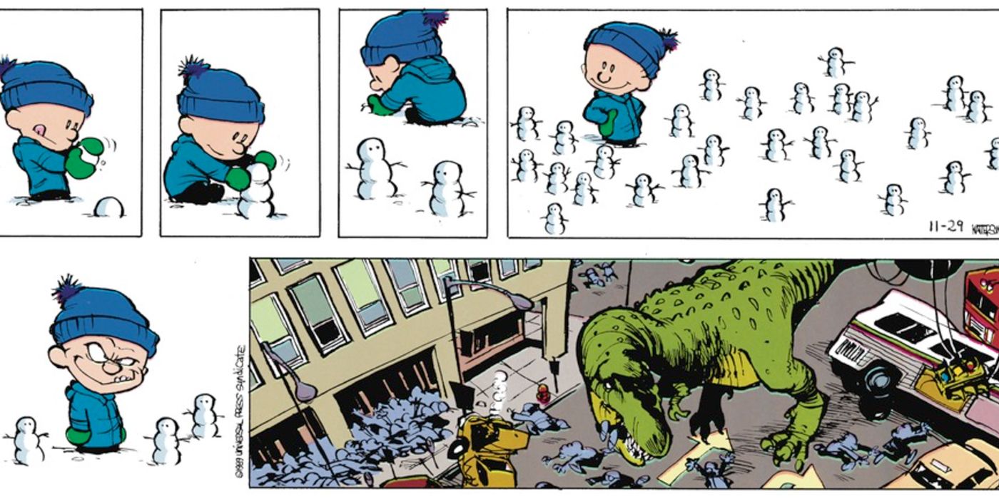 Calvin building tiny snowmen to destroy as a T-Rex