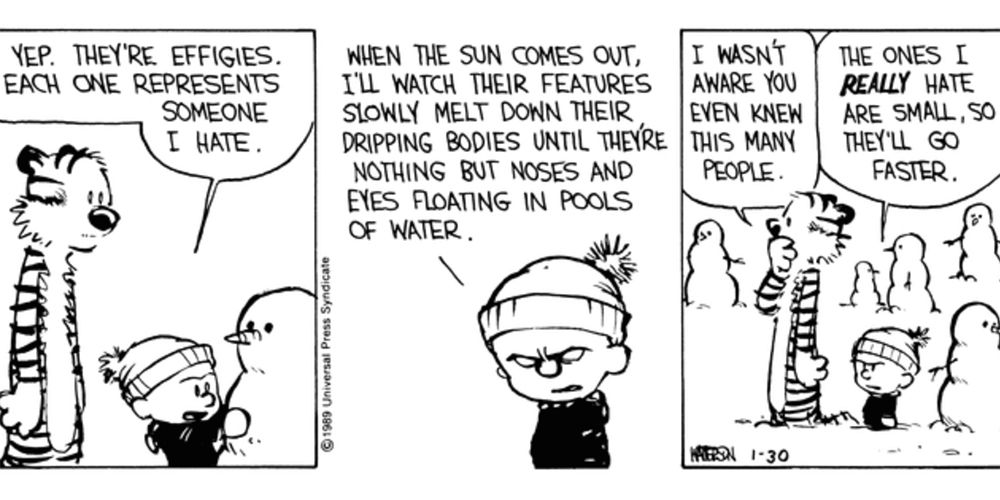 Calvin builds snow effigies of his enemies with Hobbes