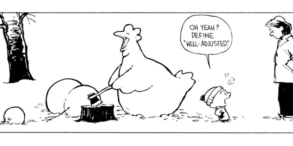 Calvin made a snow chicken chopping a snowman's head off
