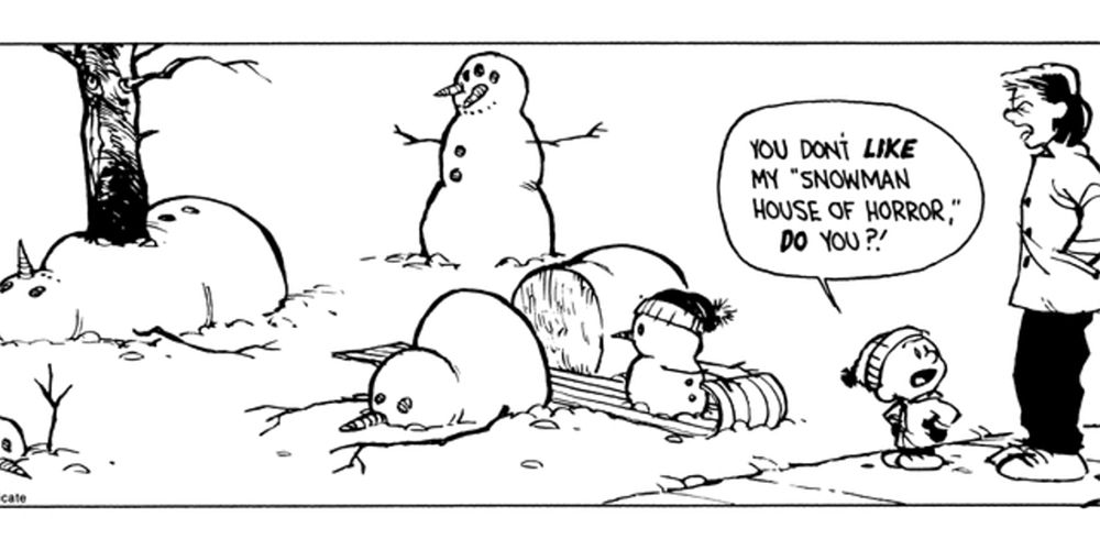 Calvin defends his snowman house of horrors to his mom