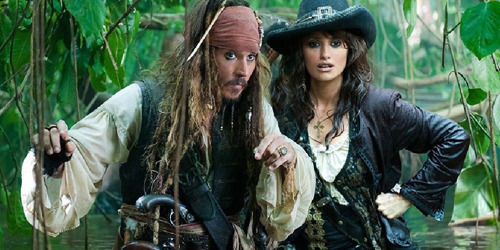 Captain Jack Sparrow and Angelica explore the rainforest in Pirates of the Caribbean: On Stranger Tides