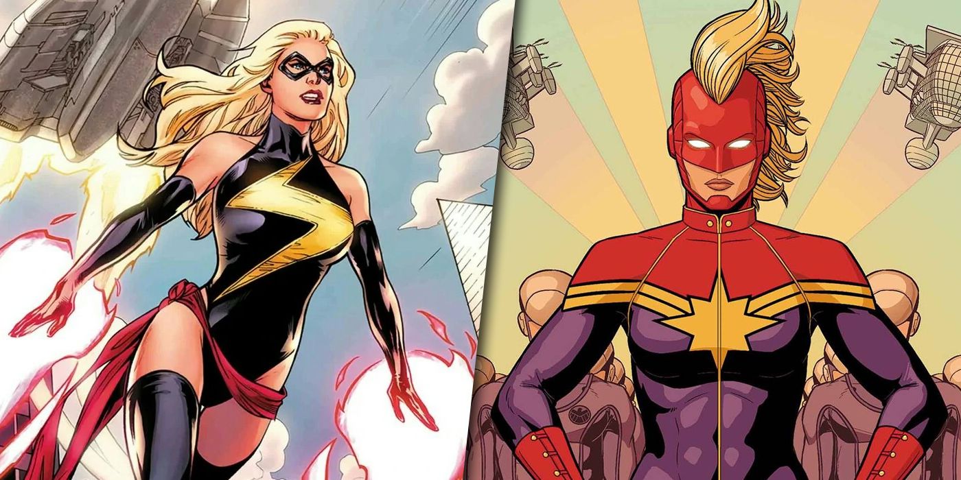 Carol Danvers in her Ms. Marvel and Captain Marvel costumes