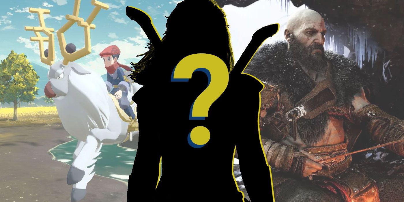 CBR's GOTY 2022 header featuring Pokemon Legends: Arceus, Kratos from God of War Ragnarok, and a silhouette of the Hunter from Marvel's Midnight Suns