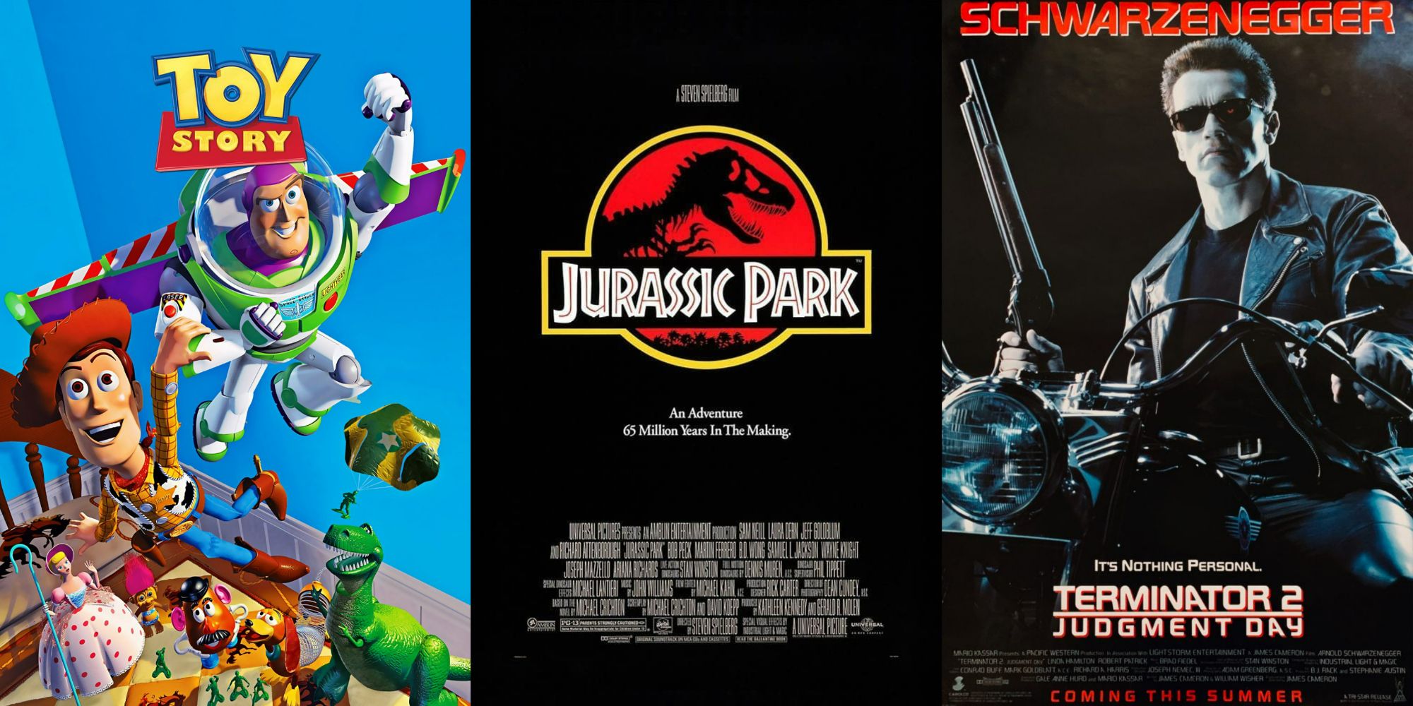 A split image of posters for Toy Story Jurassic Park T2