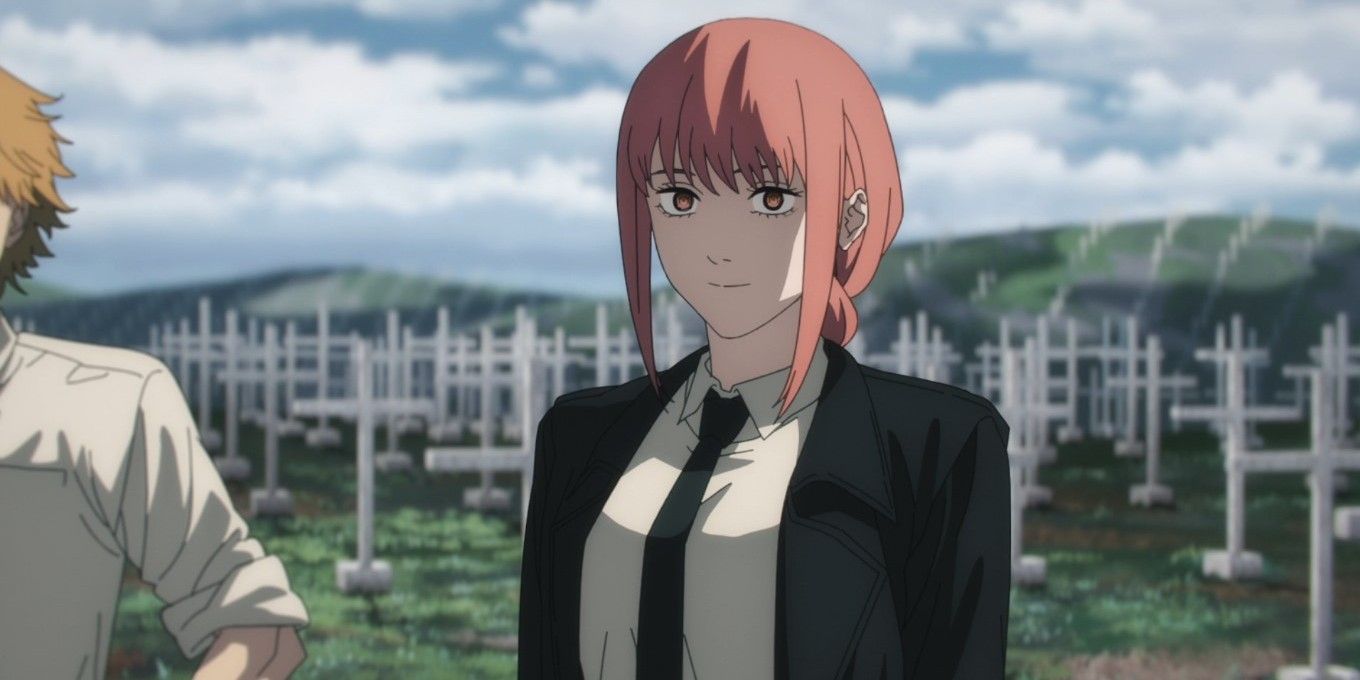 Makima stands in a cemetery in Chainsaw Man
