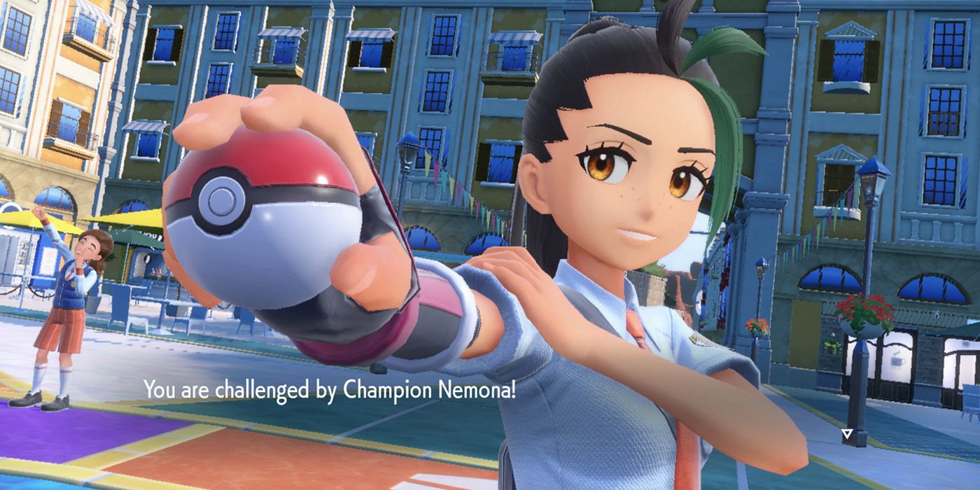 Champion Nemona holds out a Pokemon ball in Pokemon Scarlet & Violet