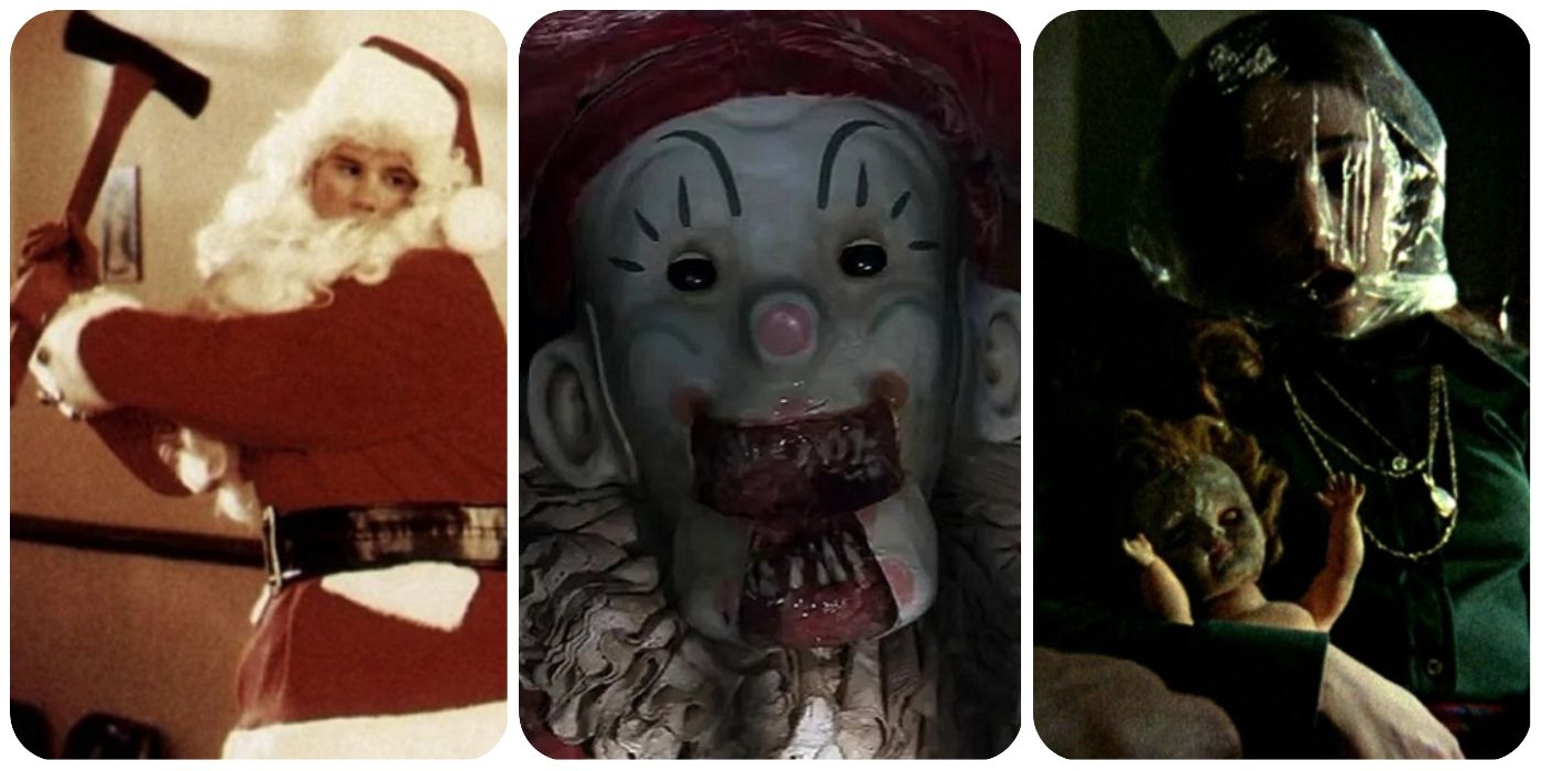 Christmas horror film composite image: Silent Night, Deadly Night; Krampus; Black Christmas