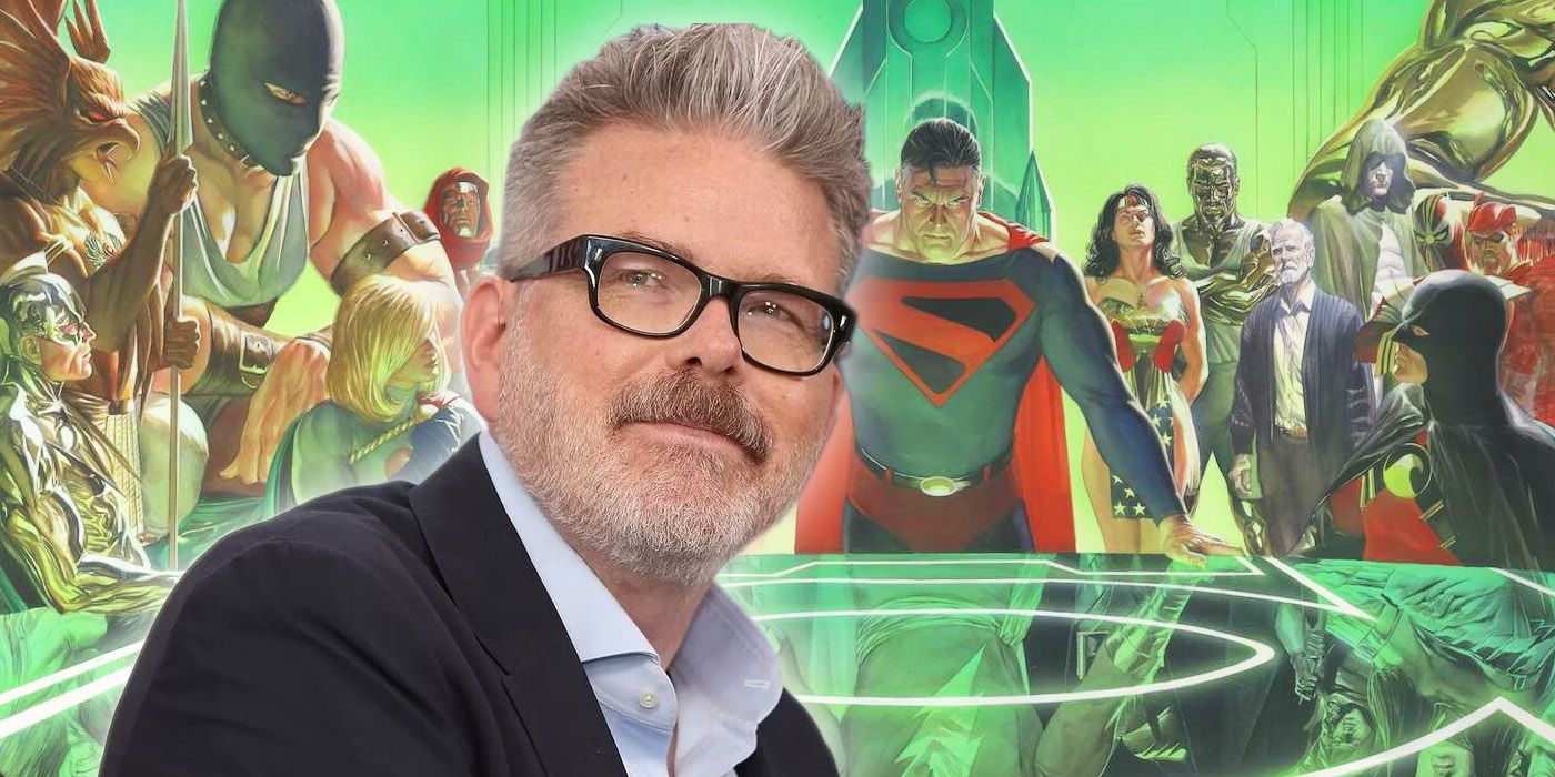 Christopher McQuarrie in front of DC's Kingdom Come artwork by Alex Ross.