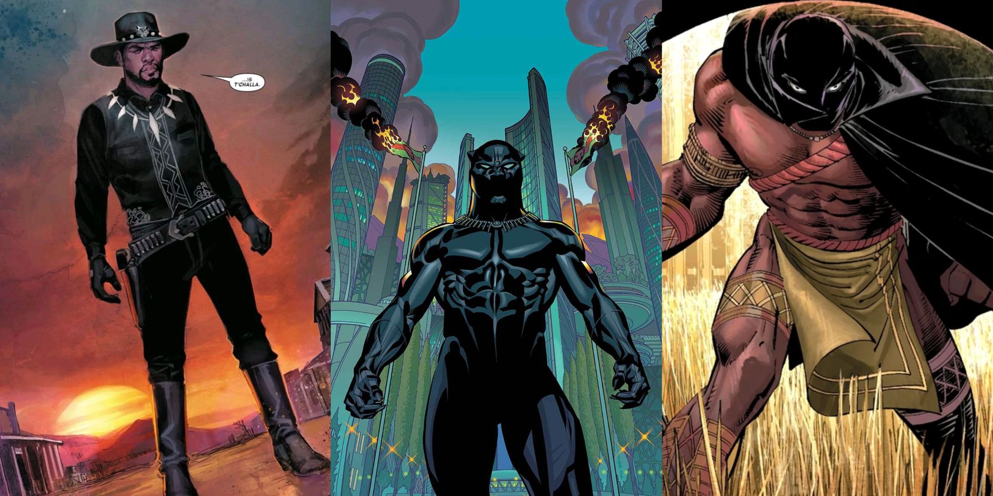 Left to right: Cowboy Black Panther, All-New, All-Different Black Panther, and 1800s Black Panther in Marvel Comics