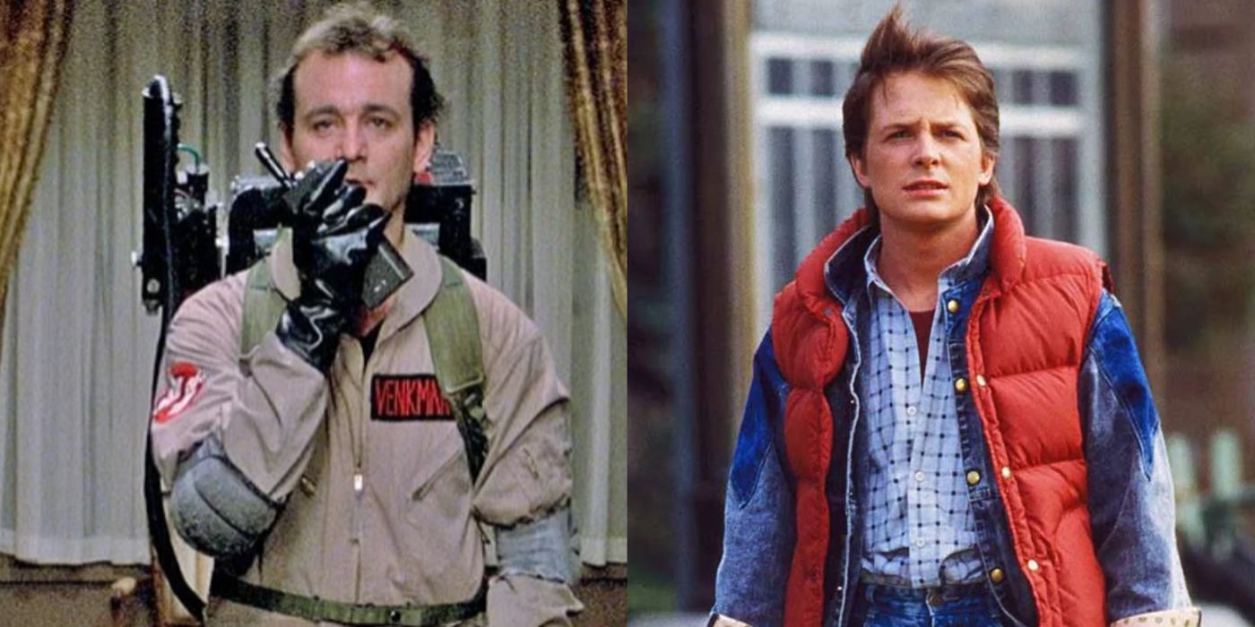 Peter Venkman talks into his walkie talkie, and Marty McFly looks concerned by something offscreen.
