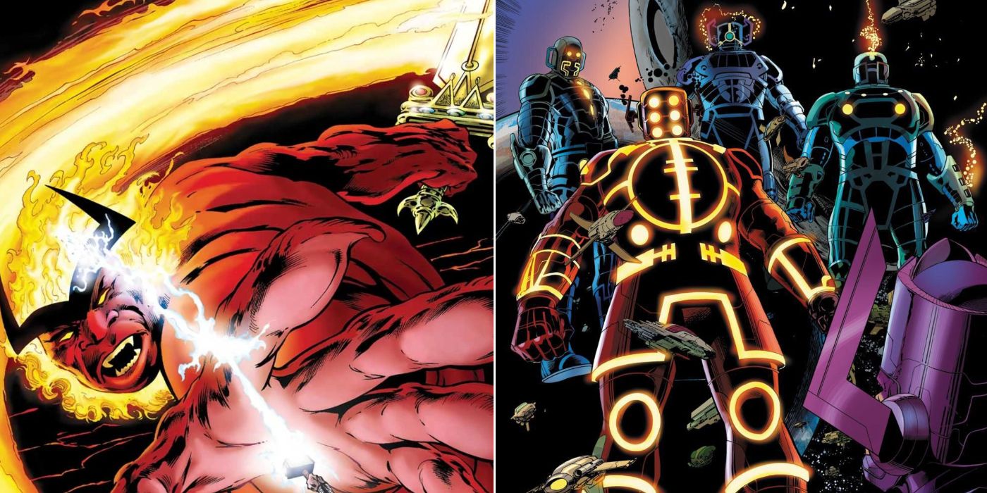 A split image of Marvel Comics' Surtur and the Celestials