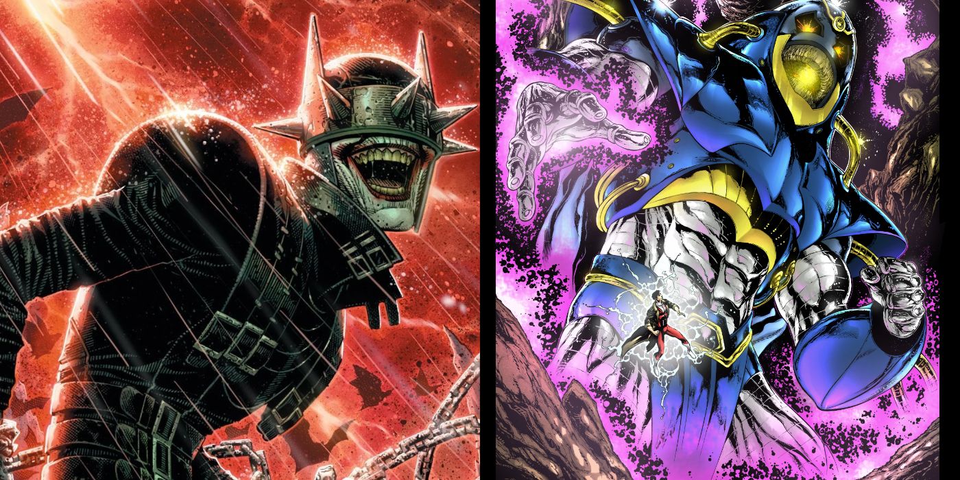 A split image of the Batman Who Laughs and Anti-Monitor from DC Comics