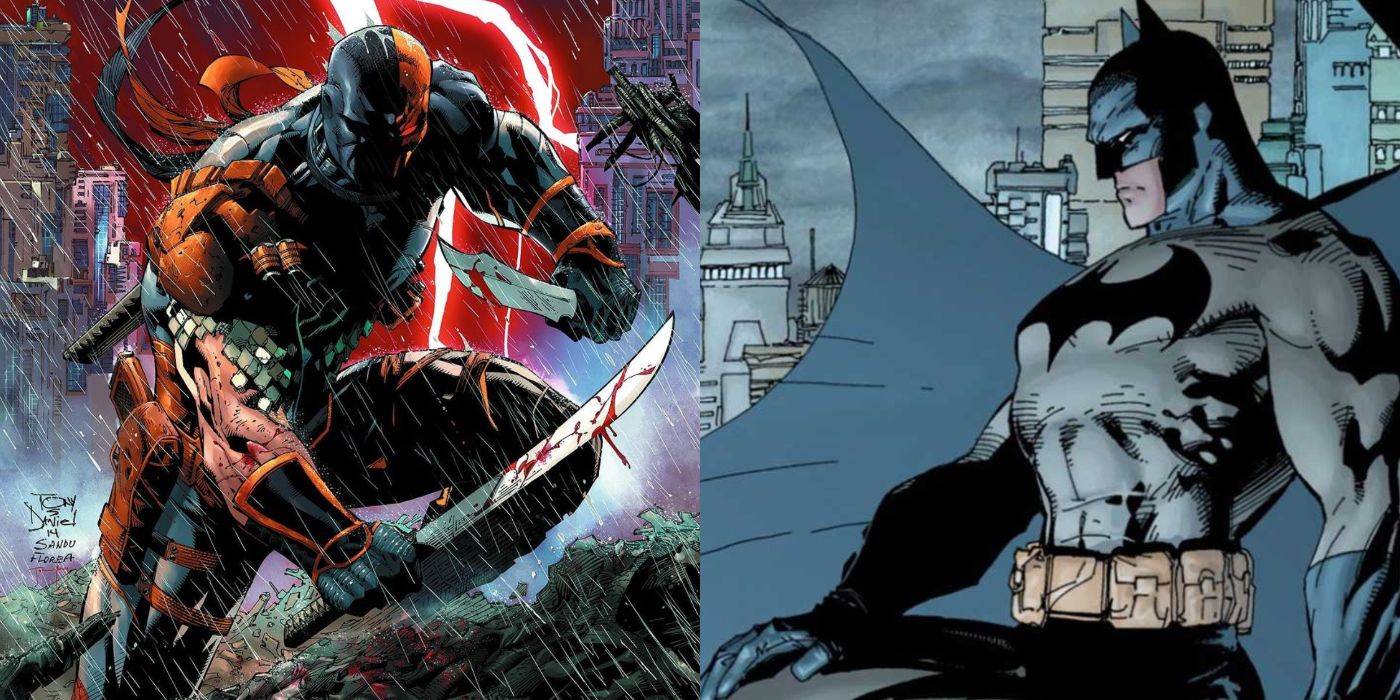 A split image of DC Comics' Deathstroke wielding two blades and of Batman standing watch over Gotham City