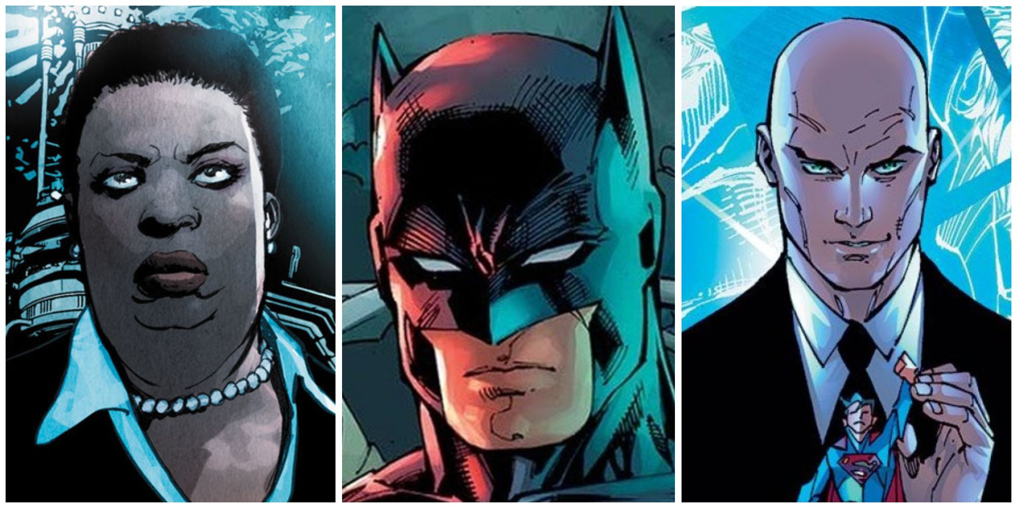 split image of Amanda Waller Batman and Lex Luthor from DC Comics