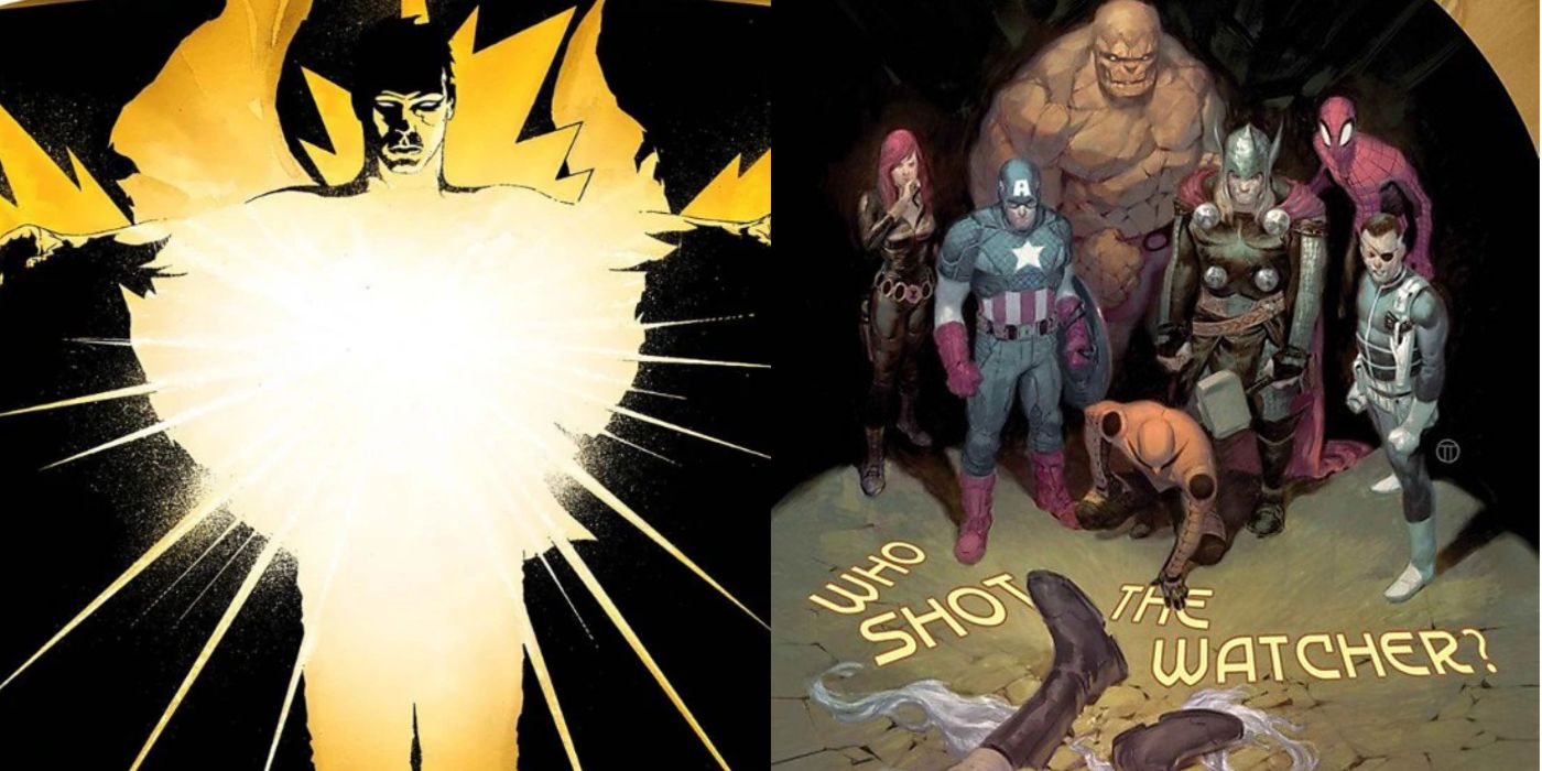 A split image of The Sentry and heroes gathered around the dead Watcher in Marvel Comics