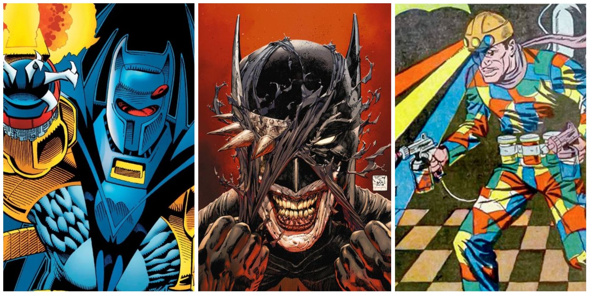 A split image of Azrael, the Batman Who Laughs, and Crazy Quilt in DC Comics