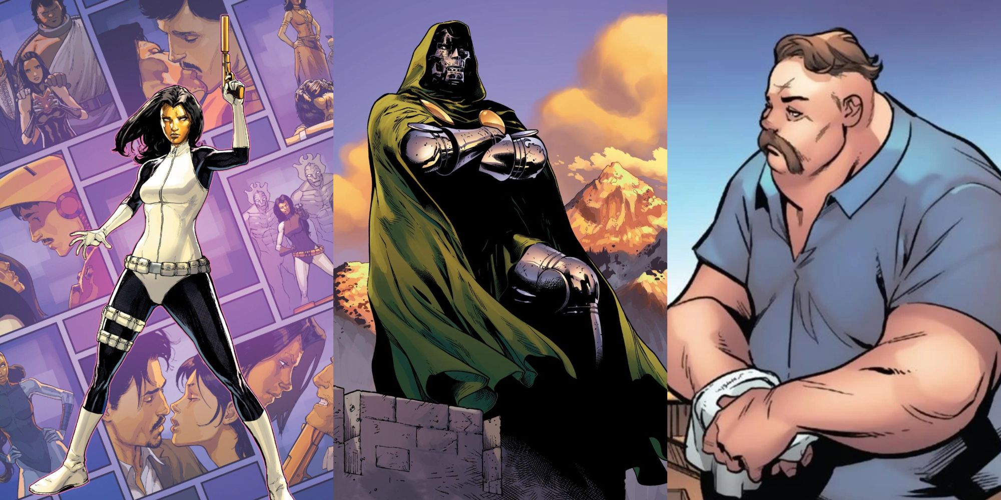 Left to right: Madame Masque, Doctor Doom, and Blob in Marvel Comics