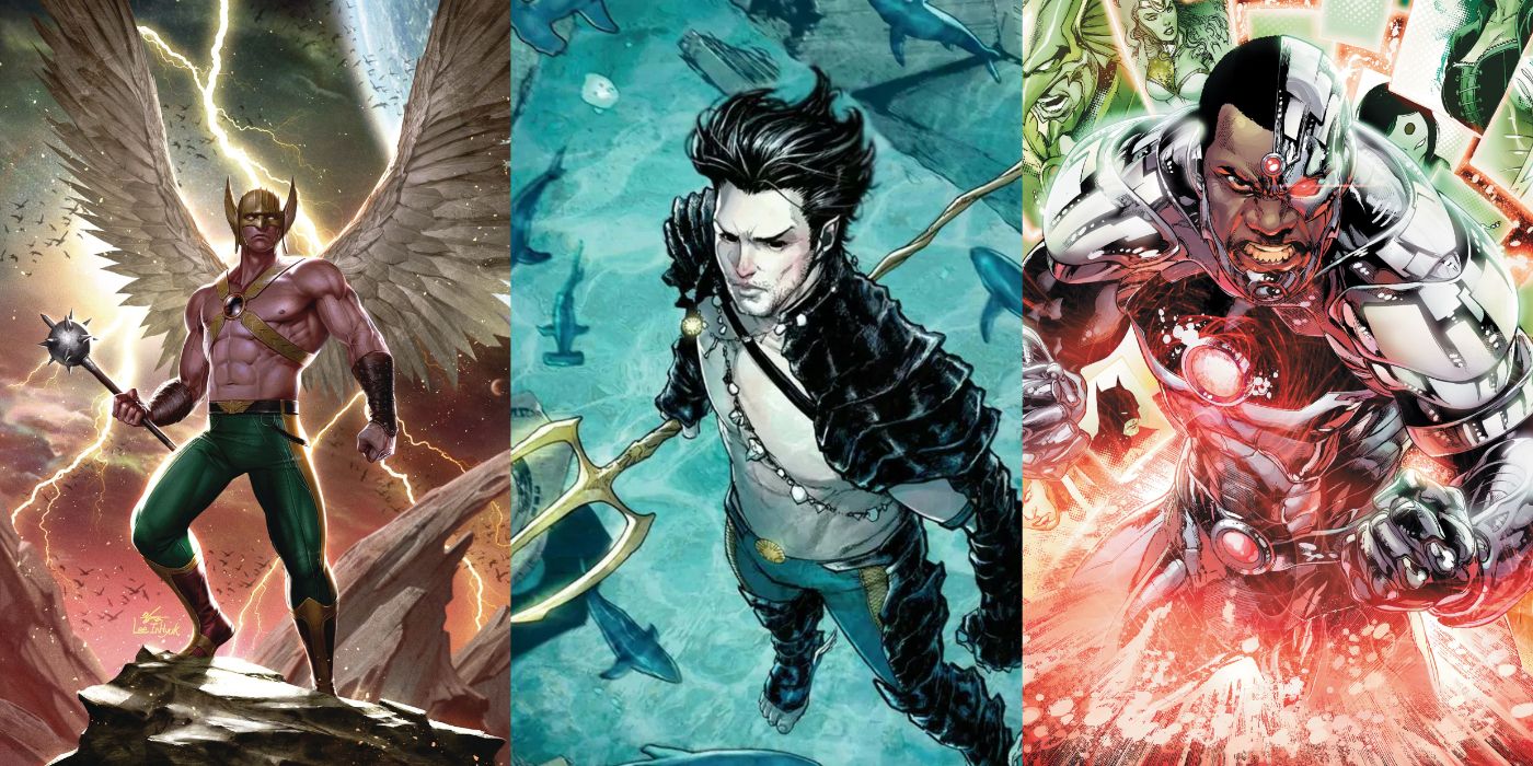 A split image of DC's Hawkman, Marvel's Namor, and DC's Cyborg