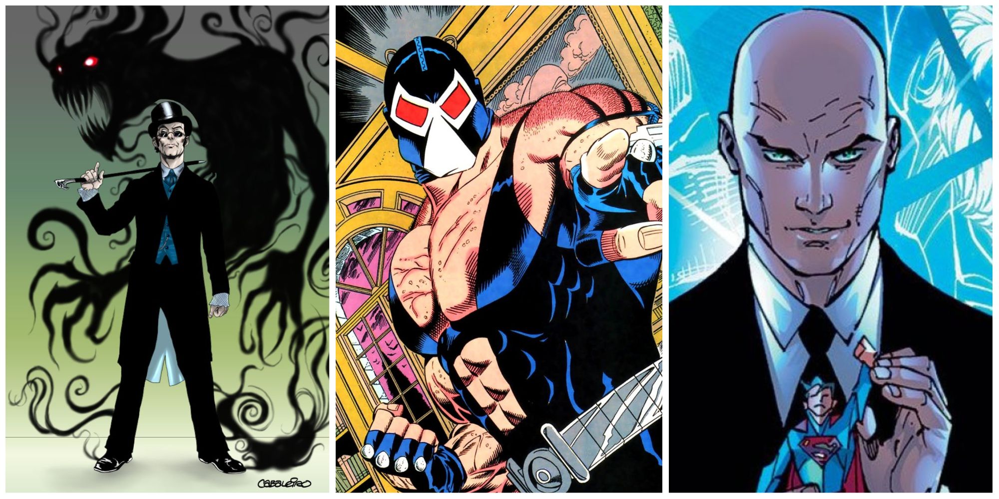 A split image of Shade, Bane, and Lex Luthor from DC Comics