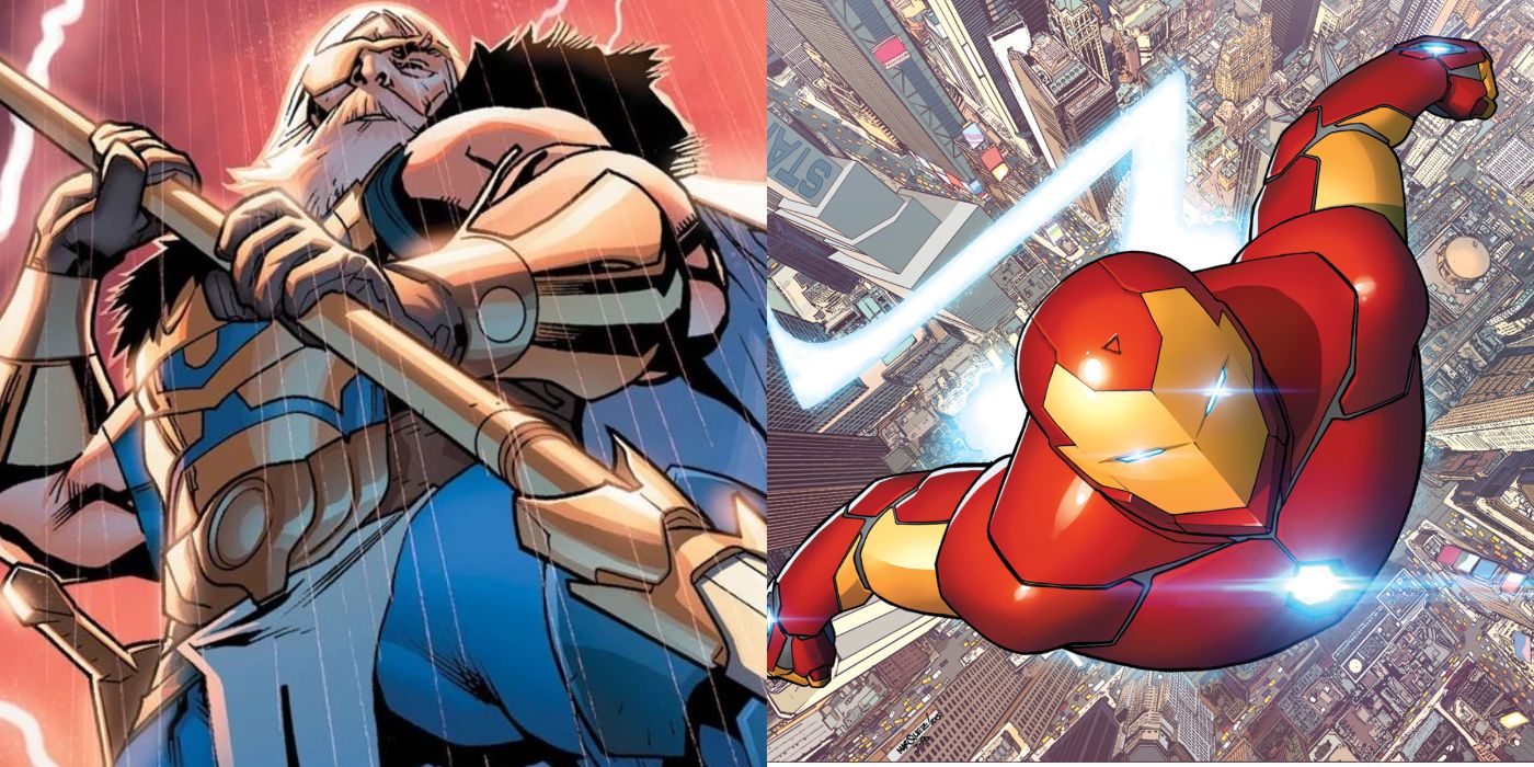 A split image of Marvel Comics' Odin and Iron Man