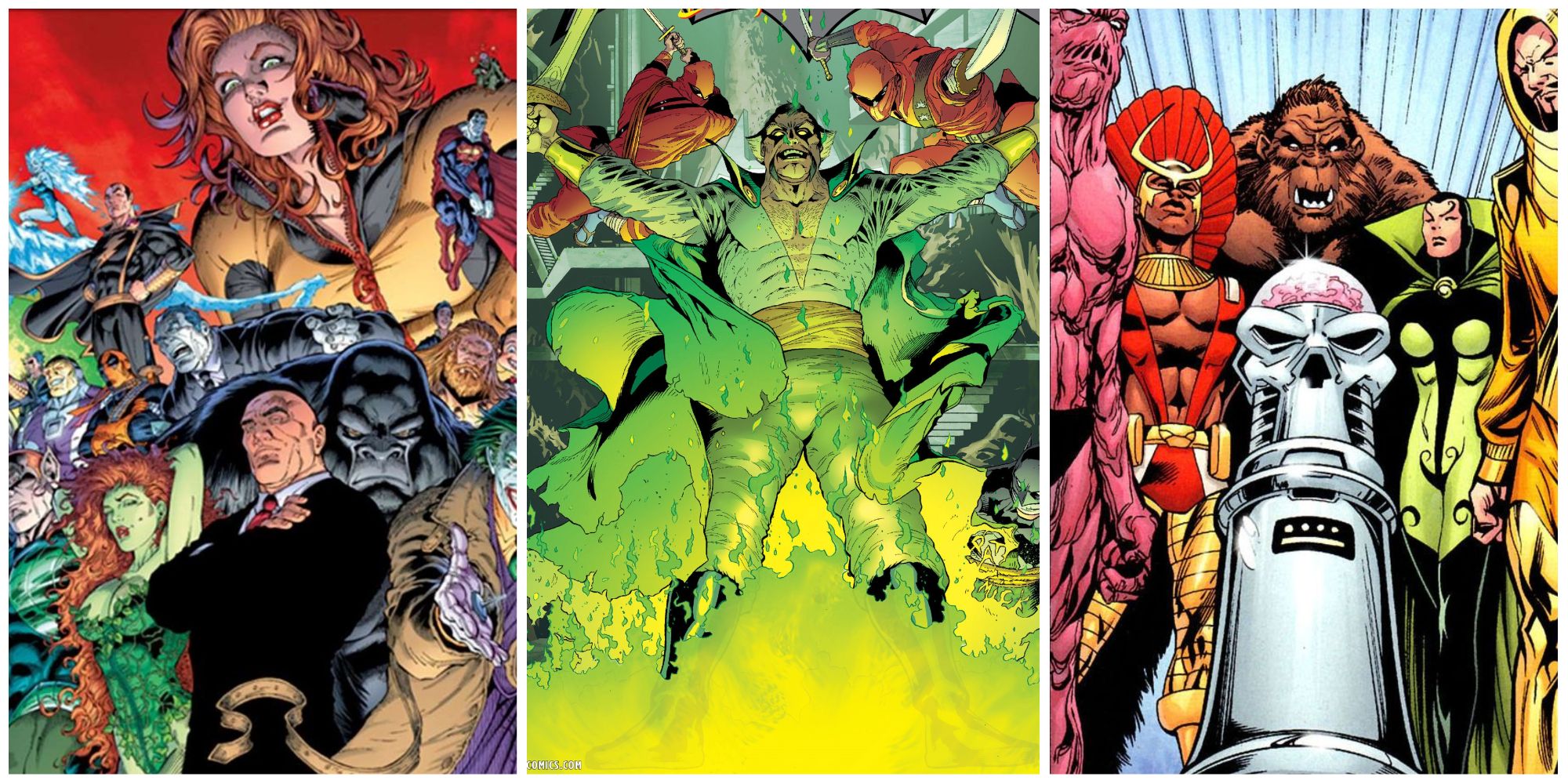 A split image of various secret societies, including the Legion of Doom, League of Assassins, and the Brotherhood of Evil from DC Comics