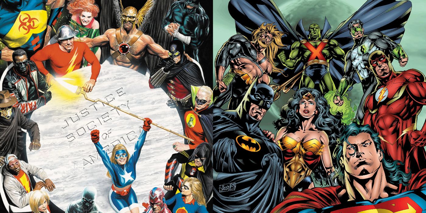 A split image of DC Comics' Justice Society of America and Justice League of America
