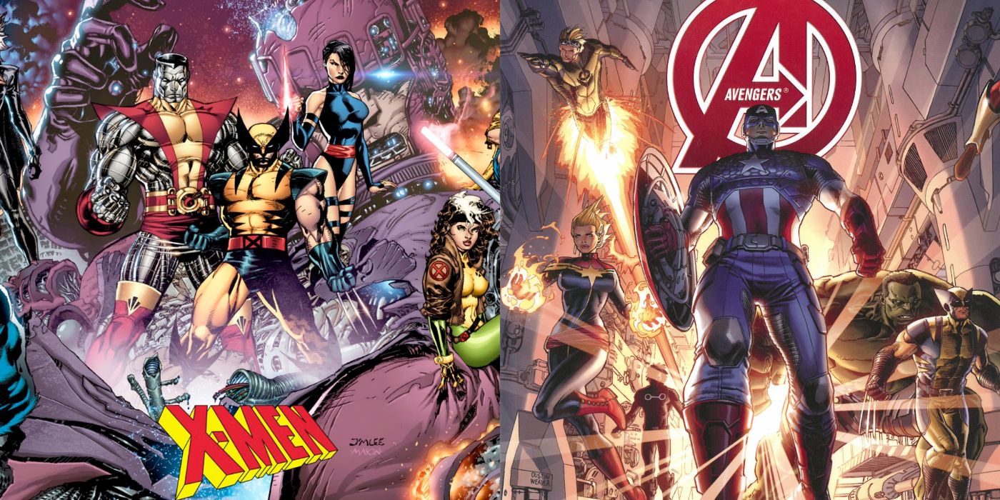 A split image of Marvel Comics' X-Men and the Avengers