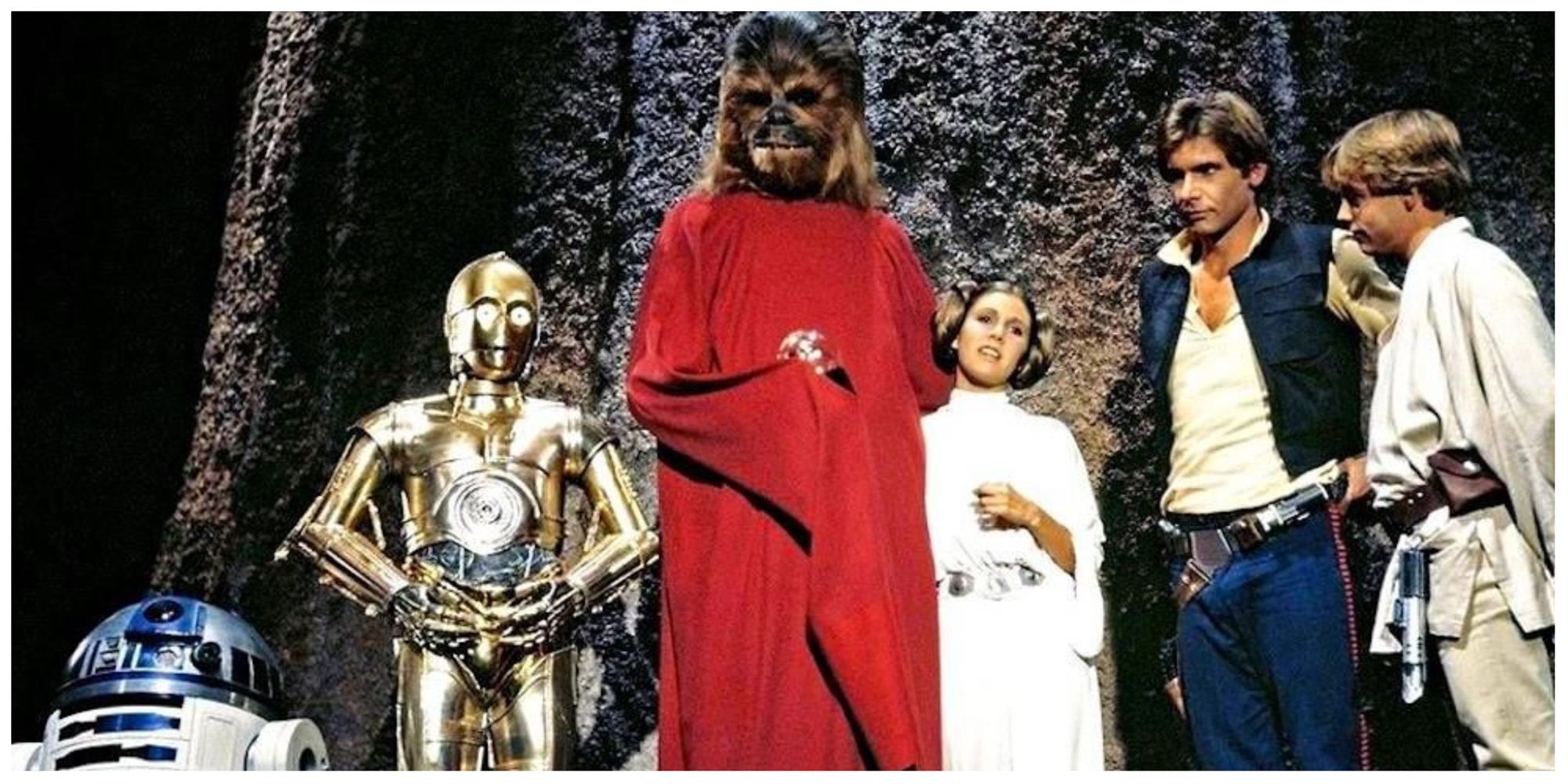 R2D2, C3PO, Han, Leia, Luke, and Chewie in The Star Wars Holiday Special