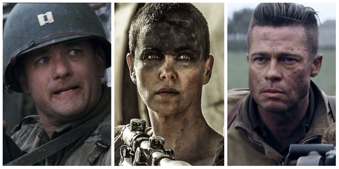 A split image of various movie stills featuring Tom Hanks, Charlize Theron, and Brad Pitt 