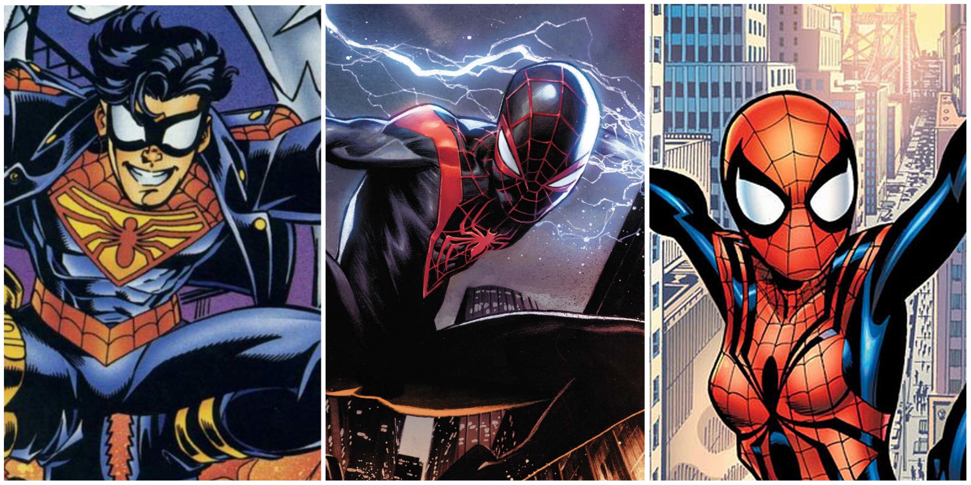 A split image of Pete Ross Spider-Boy, pf Miles Morales Spider-Man, and of Mayday Parker Spider-Girl from Marvel Comics