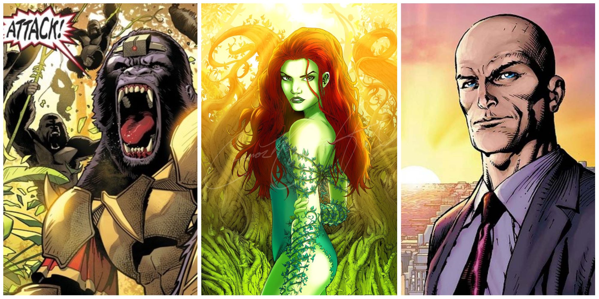 Split image Gorilla Grodd, Poison Ivy, and Lex Luthor from DC Comics