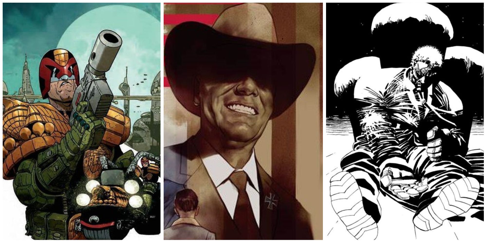 Split image of comic art from Judge Dredd, American Carnage, and Sin City