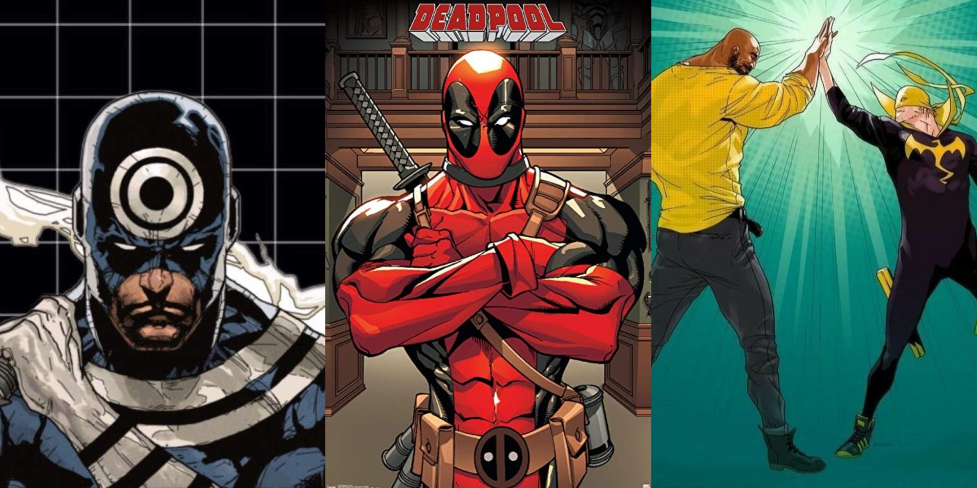 A split image of Bullseye, Deadpool, and Luke Cage and Iron Fist in Marvel Comics