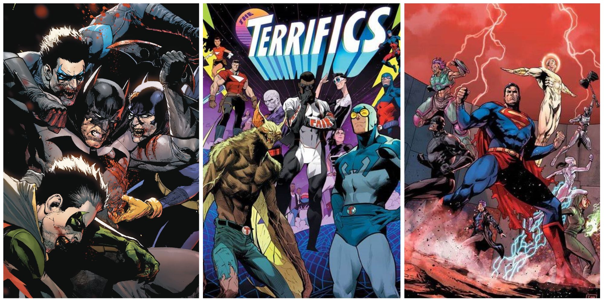 Split image DCeased zombies, The Terrifics heroes, Superman and Authority Warworld