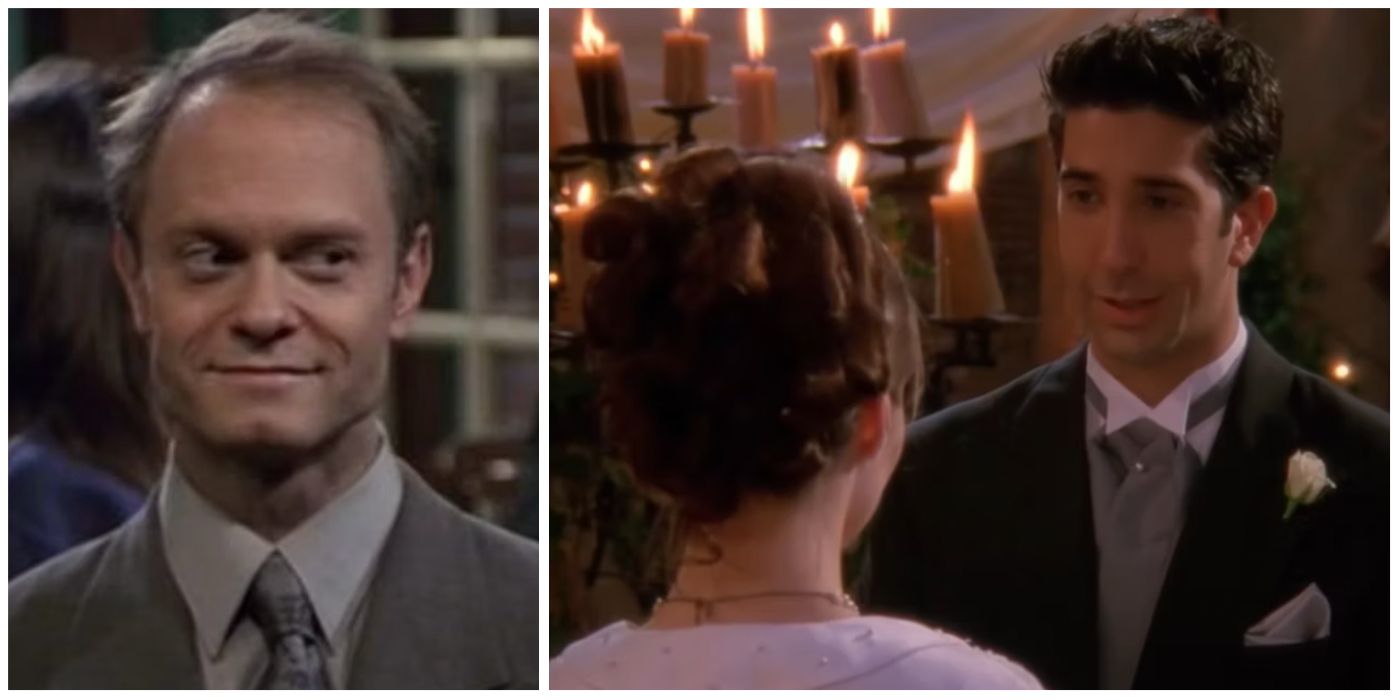 Niles Crane from Fraiser giving a side glance, Ross at the alter with Emily in Friends