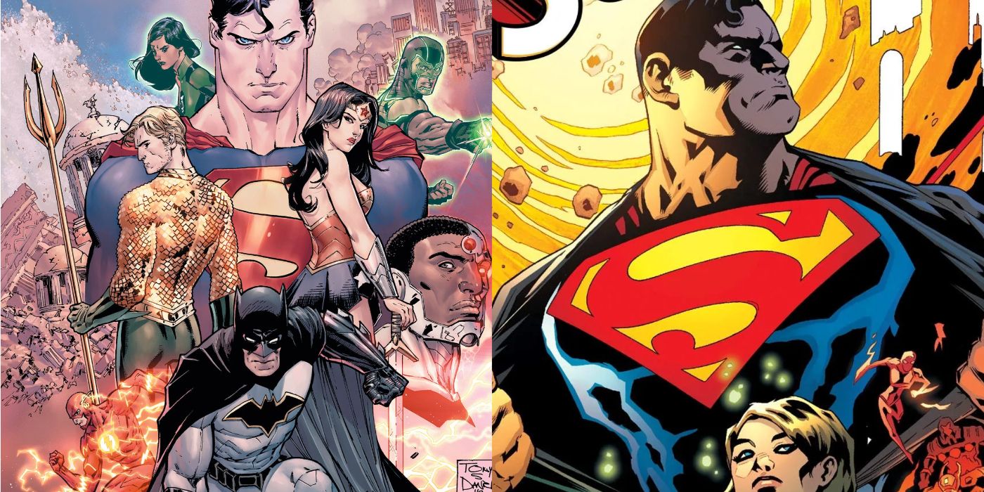 A split image of the DC Rebirth Justice League and Tomasi and Gleason's Superman Rebirth