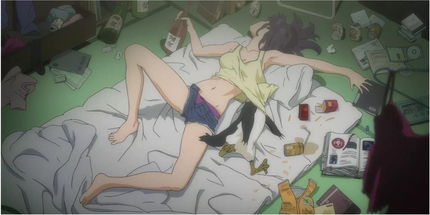 Misato Katsuragi sleeps in a stupor in Neon Genesis Evangelion.