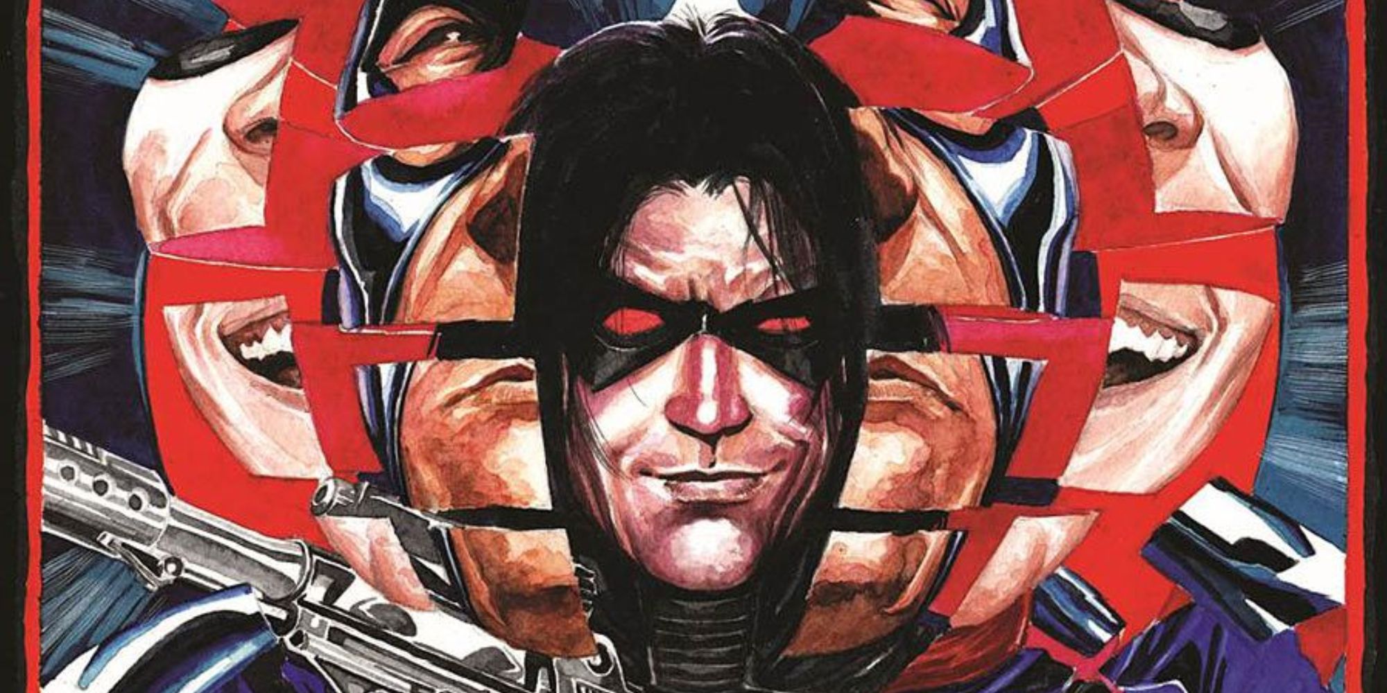 The cover to Marvel Comics' Bucky Barnes: The Winter Soldierm featuring Bucky's many faces