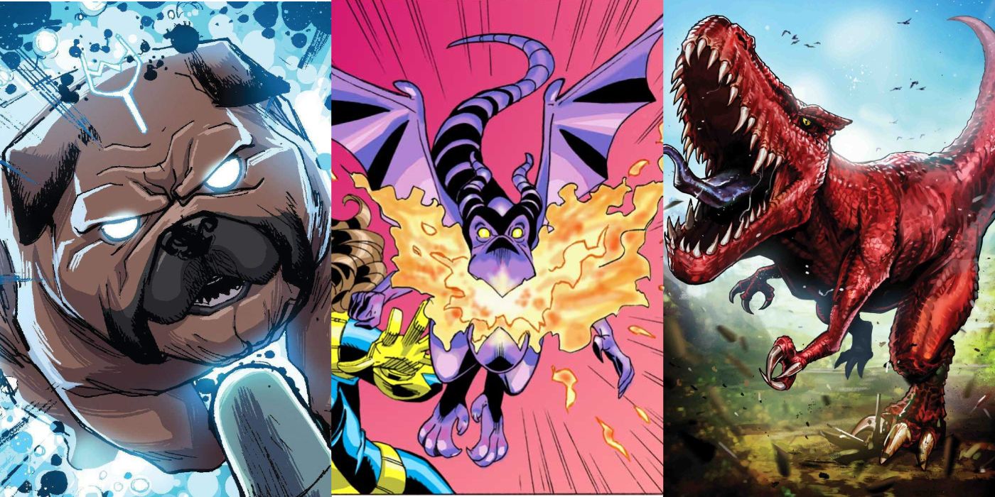 A split image of Lockjaw of the Inhumans, Lockheed of the X-Men, and Devil Dinosaur from Marvel Comics