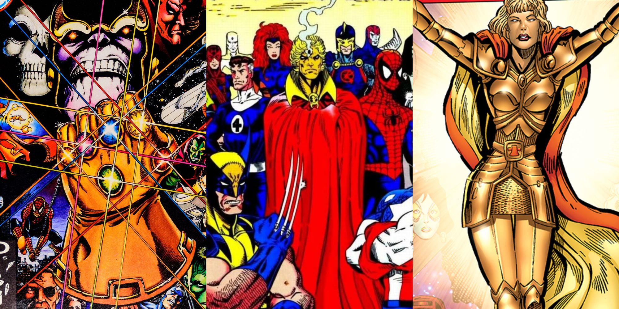 Marvel Comics' Infinity Trilogy, featuring a split image of the Infinity Gauntlet, Infinity War, and Infinity Crusade