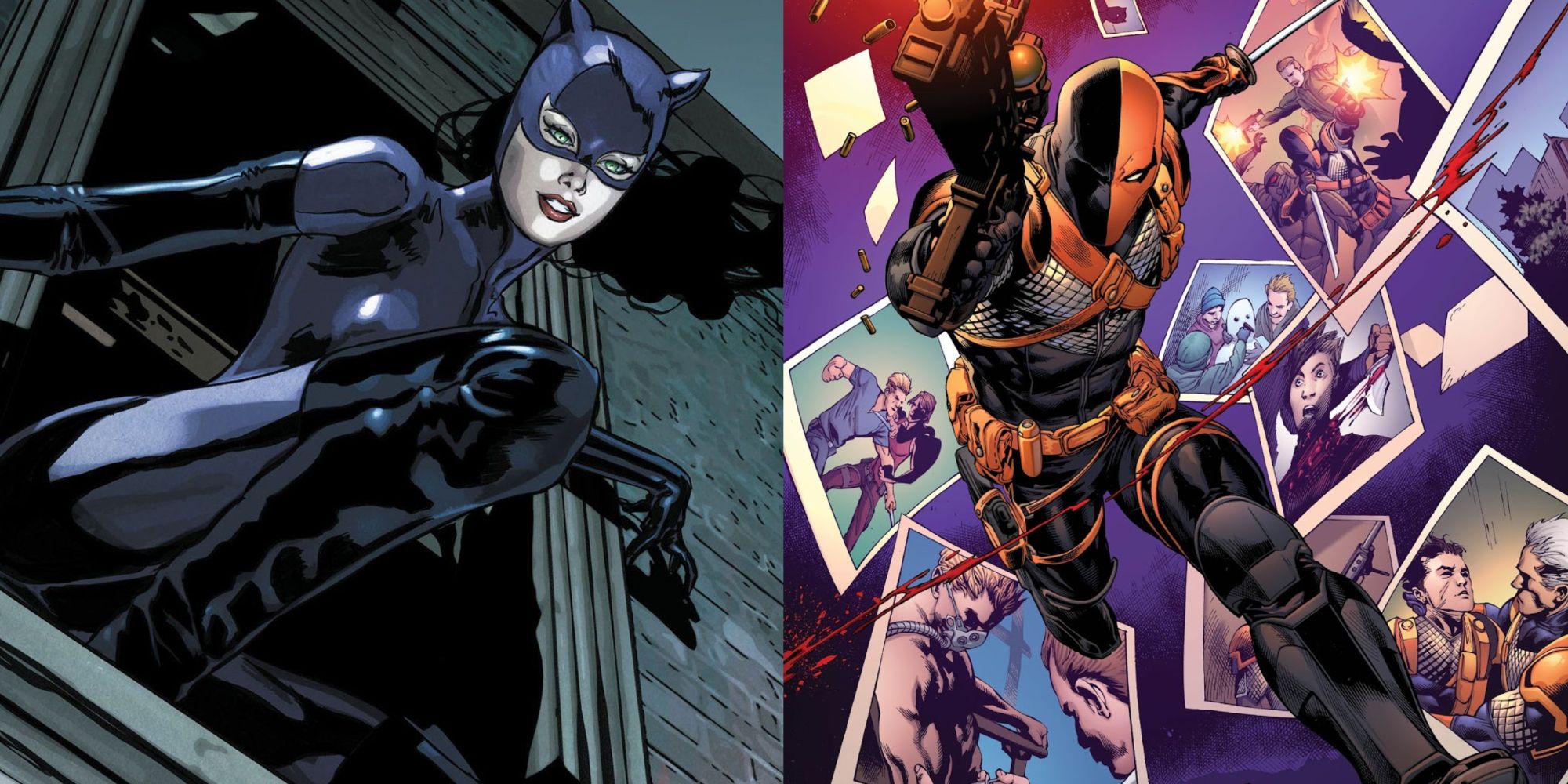 A split image of Catwoman (left) and Deathstroke (right)